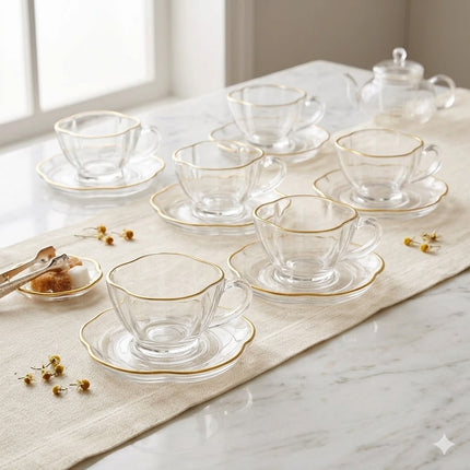 Conjunto de 6 xícaras de vidro com pires – Design clássico e elegante