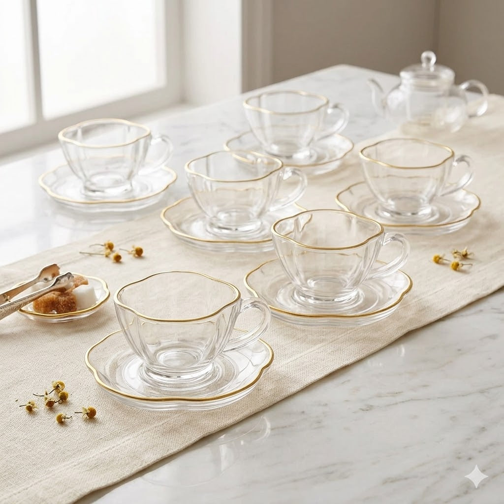 Set de 6 Tazas de Cristal con Platillos – Diseño Clásico y Elegante