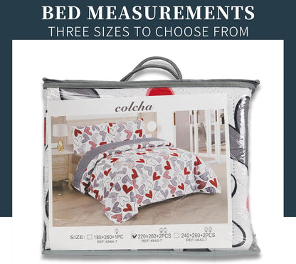 Colcha Boutis para Primavera y Verano Bicolor Reversible Liso - MODELO CORAZONES