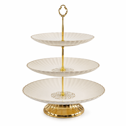 🍰 3-Tier Plastic Display Tray with Gold Details – Elegance for Your Table