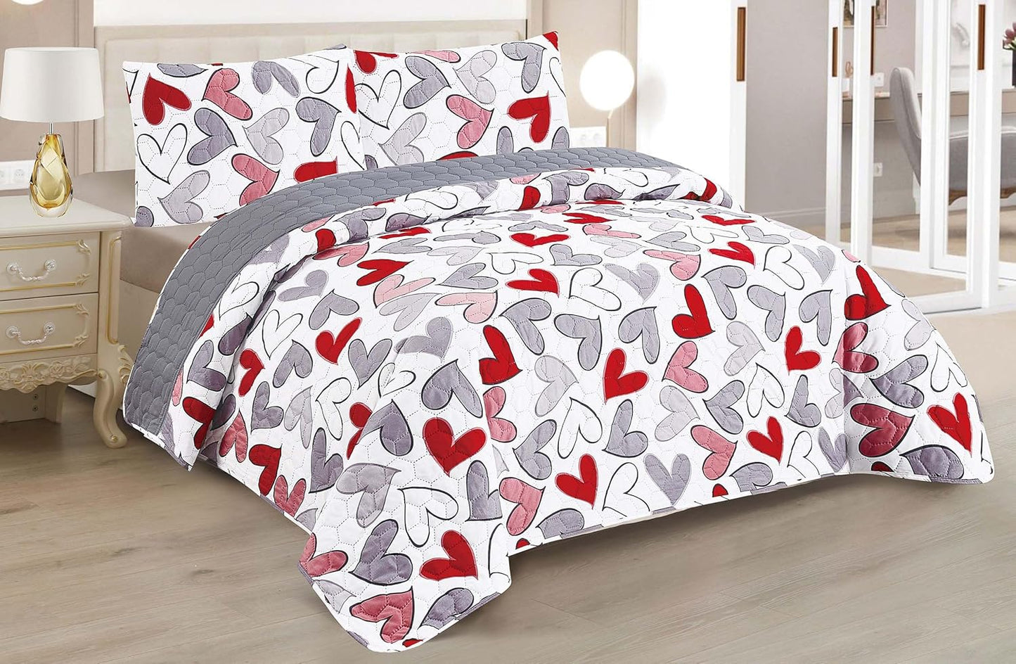 Colcha Boutis para Primavera y Verano Bicolor Reversible Liso - MODELO CORAZONES