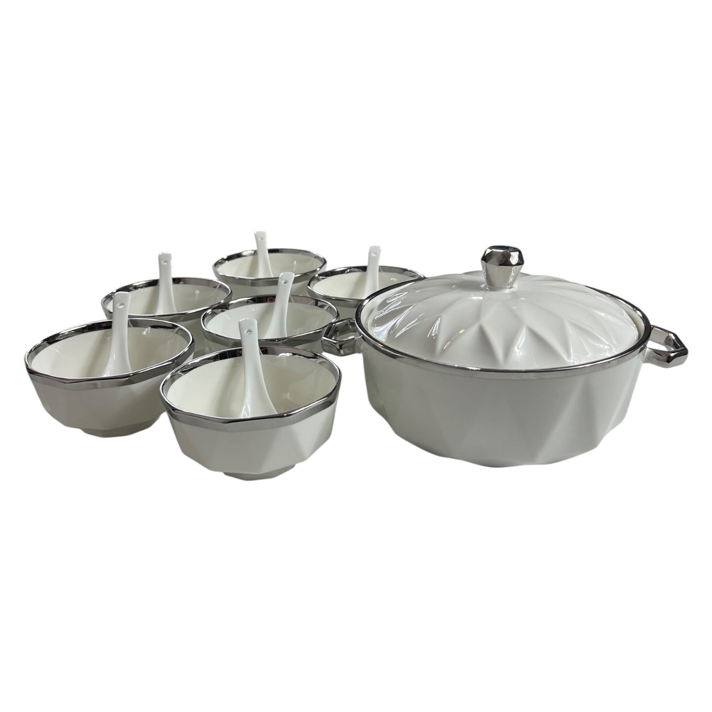 Conjunto de sopa BAVARY COLLECTION com 15 peças – Design de diamante com acabamento prateado