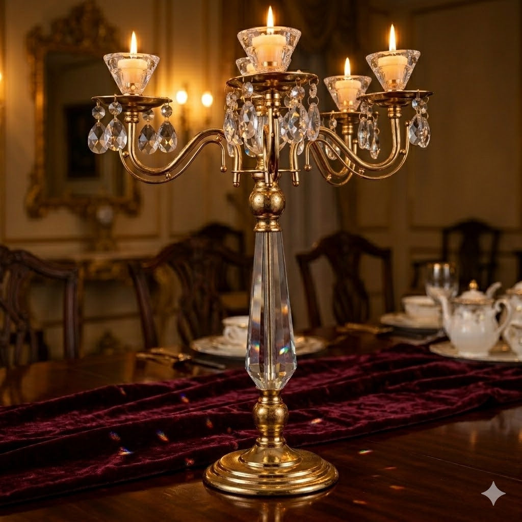 Candelabro de Cristal y Metal Dorado con 5 Brazos — Estilo Clásico y Lujo Brillante