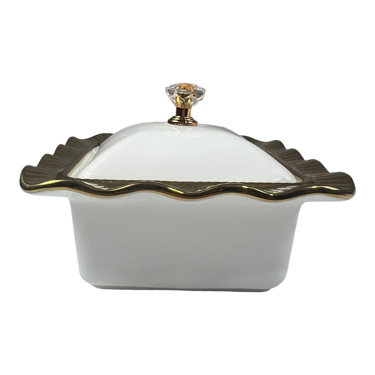 Conjunto de 4 Recipientes com Tampa e Bandeja Dourada – Design Onda com Puxador de Cristal