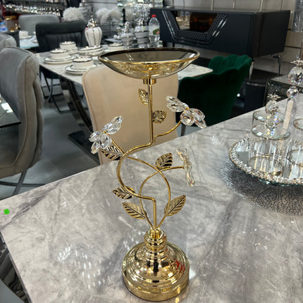 Portavelas de Metal Dorado y Cristal con Diseño Floral Elegante