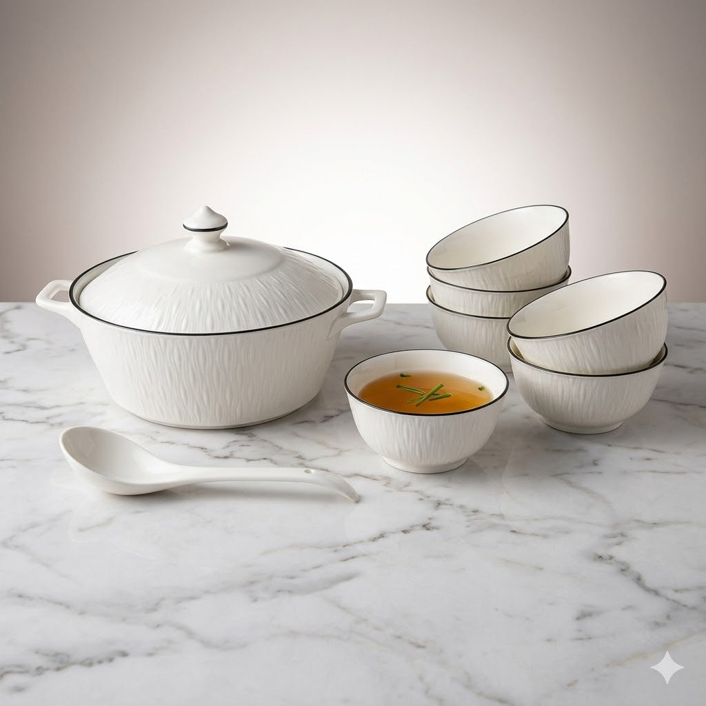 Set Sopera de Cerámica con Tapa + 6 Cuencos y Cucharón —2L- Blanco Texturizado