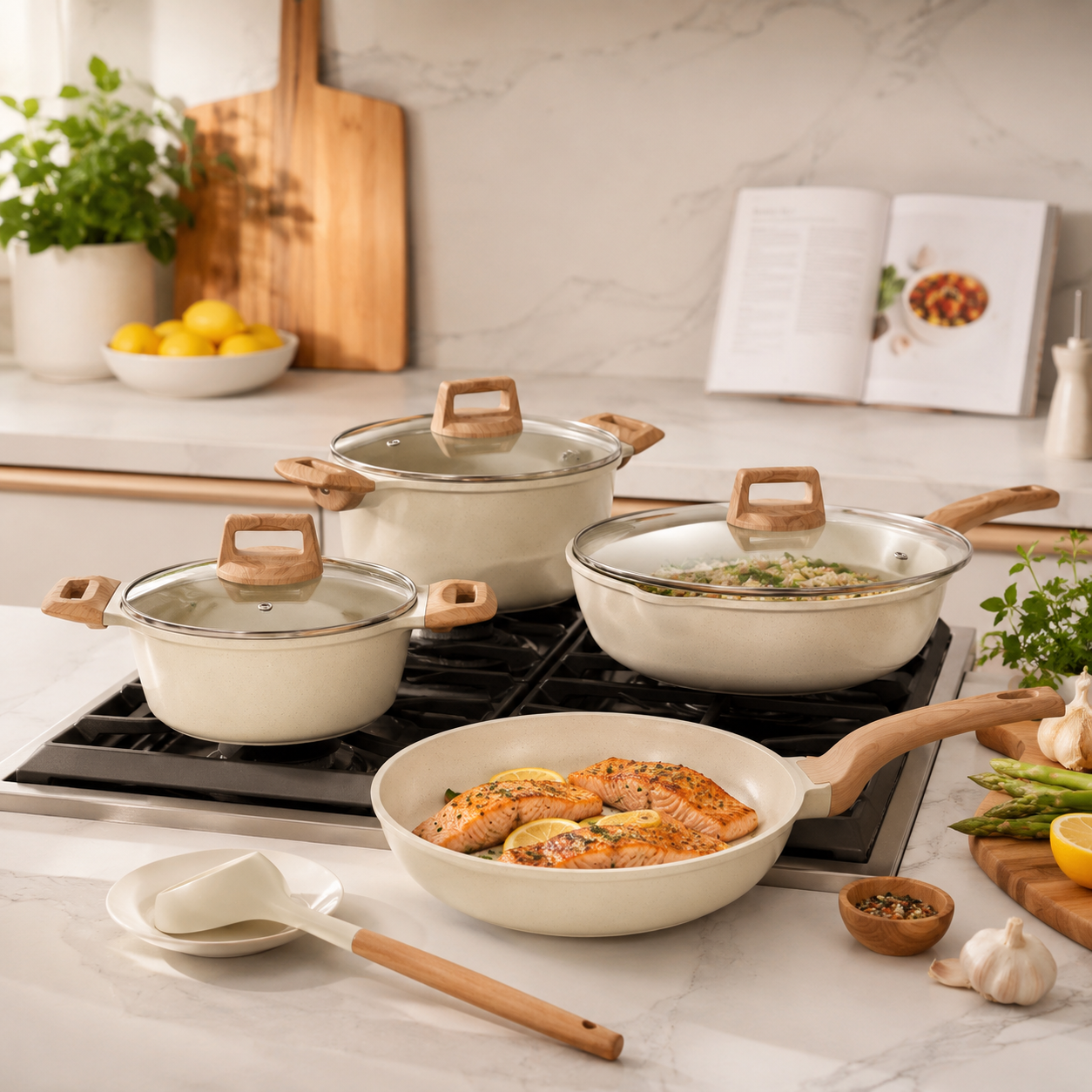 Set de Cocina Bio Bavary 14 Piezas – Ollas, Sartén, Wok, Tapas, Utensilios y Protectores