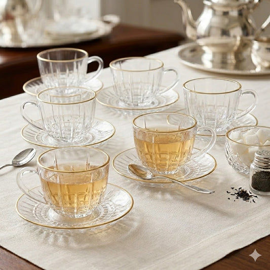 Set de 6 Tazas de Cristal con Platillos – Diseño Clásico y Elegante