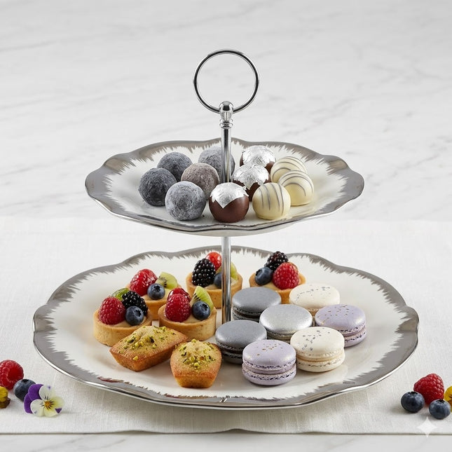 Suporte para doces e salgados de 2 andares 🍰✨ Porcelana branca com rebordo prateado