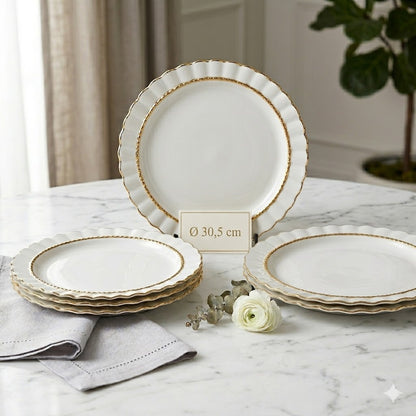 Set de 6 Platos Llanos Elegantes Blancos con Borde Dorado Ø30,5 cm
