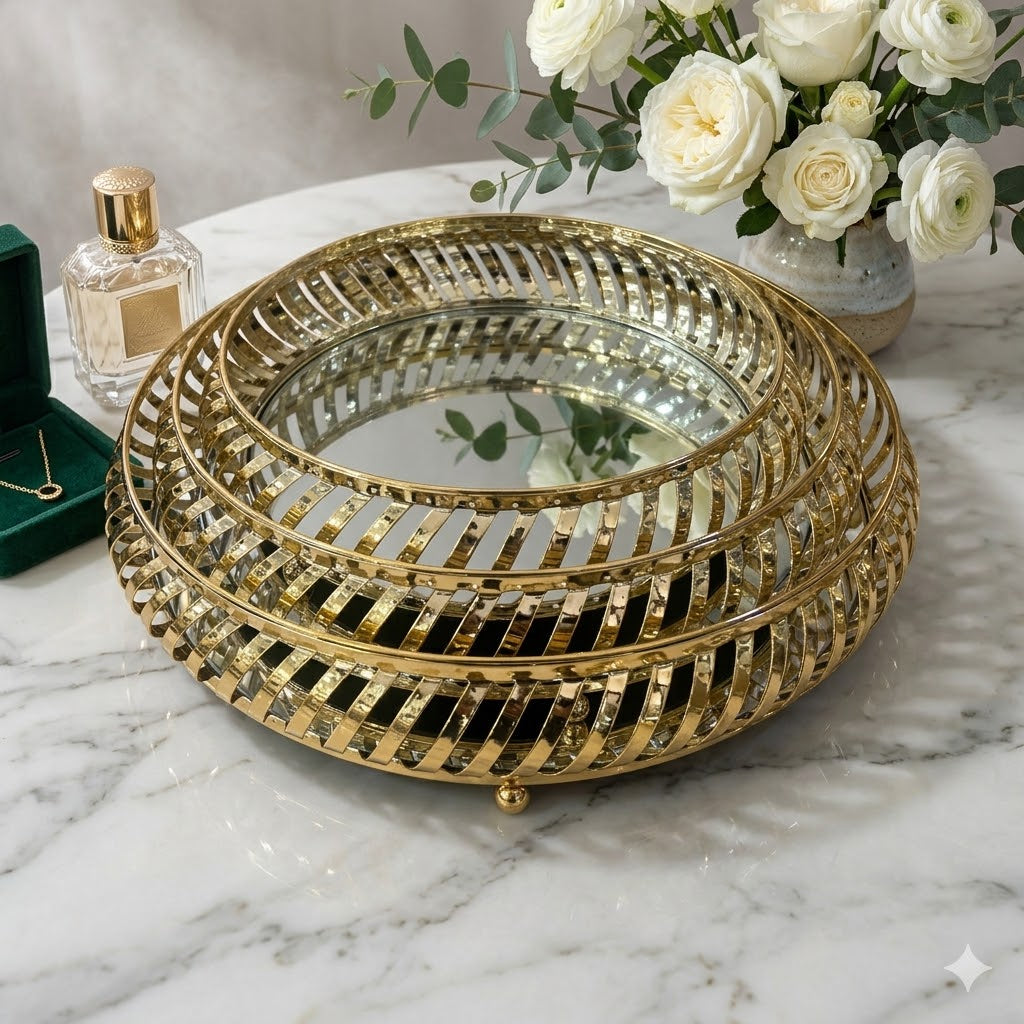 Centro de Mesa Redondo de Metal Dorado con Espejo Decorativo