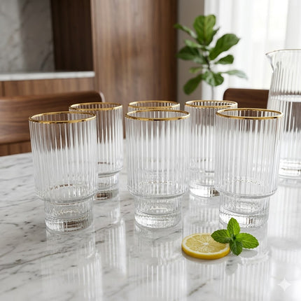Set de 6 Vasos de Cristal Acanalado con Borde Dorado