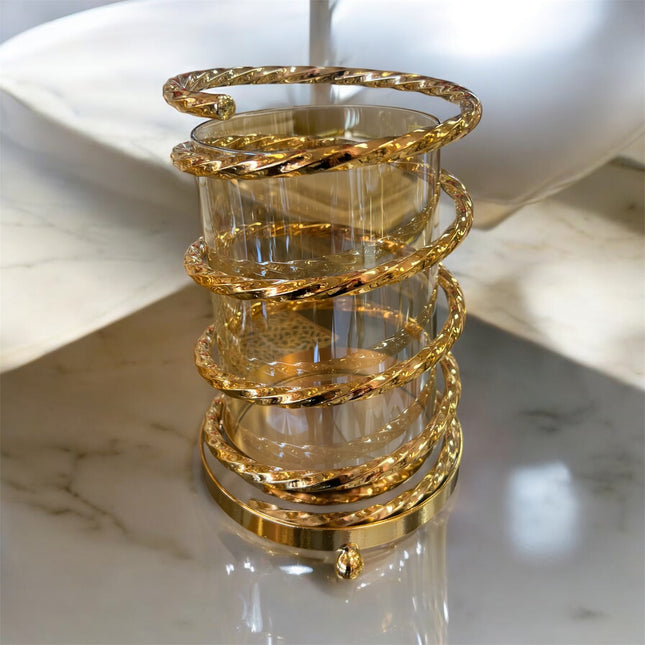 🕯️ Castiçal decorativo em espiral dourada com vaso em vidro 🕯️