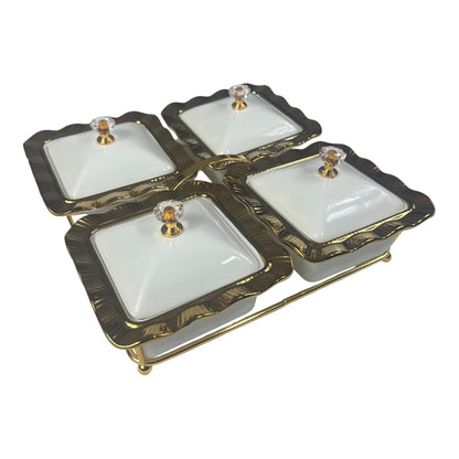 Conjunto de 4 Recipientes com Tampa e Bandeja Dourada – Design Onda com Puxador de Cristal