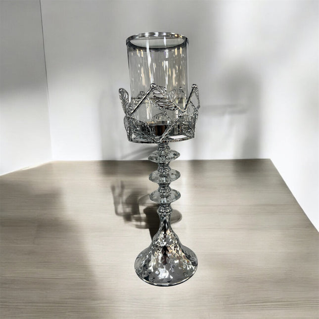 Portavelas de Cristal y Metal Plateado con Detalles de Hojas – 42cm