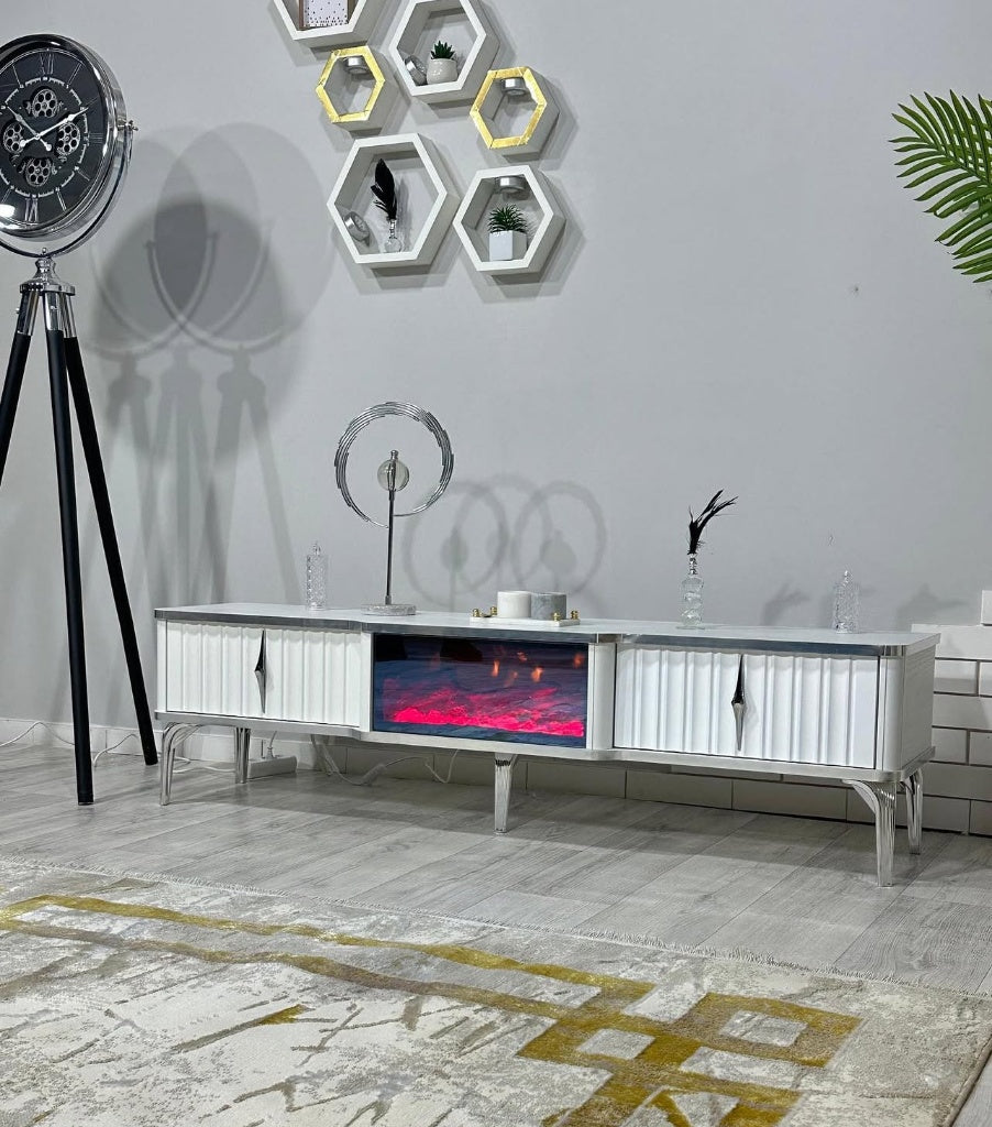 Mesa de TV con chimenea digital - COLOR BLANCO CON DETALLES EN PLATEADO