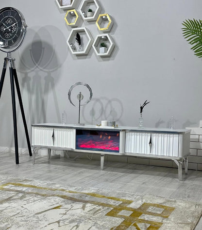 Mesa de TV con chimenea digital - COLOR BLANCO CON DETALLES EN PLATEADO