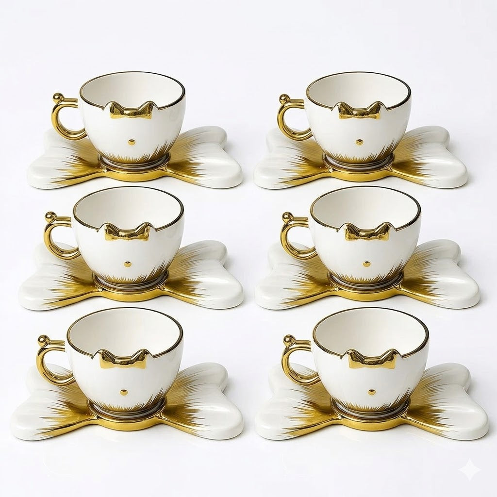Set de 6 Tazas de Café Espresso con Bandeja – Diseño Gatito Blanco y Dorado 🐱✨