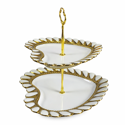 🍰 Suporte para Bolo de 2 Andares em Forma de Coração – Cerâmica Branca com Detalhes Dourados 💛