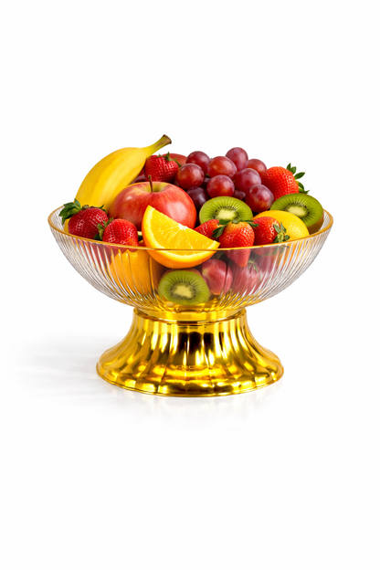 Fruteira em plástico com base dourada – Centro de mesa sofisticado