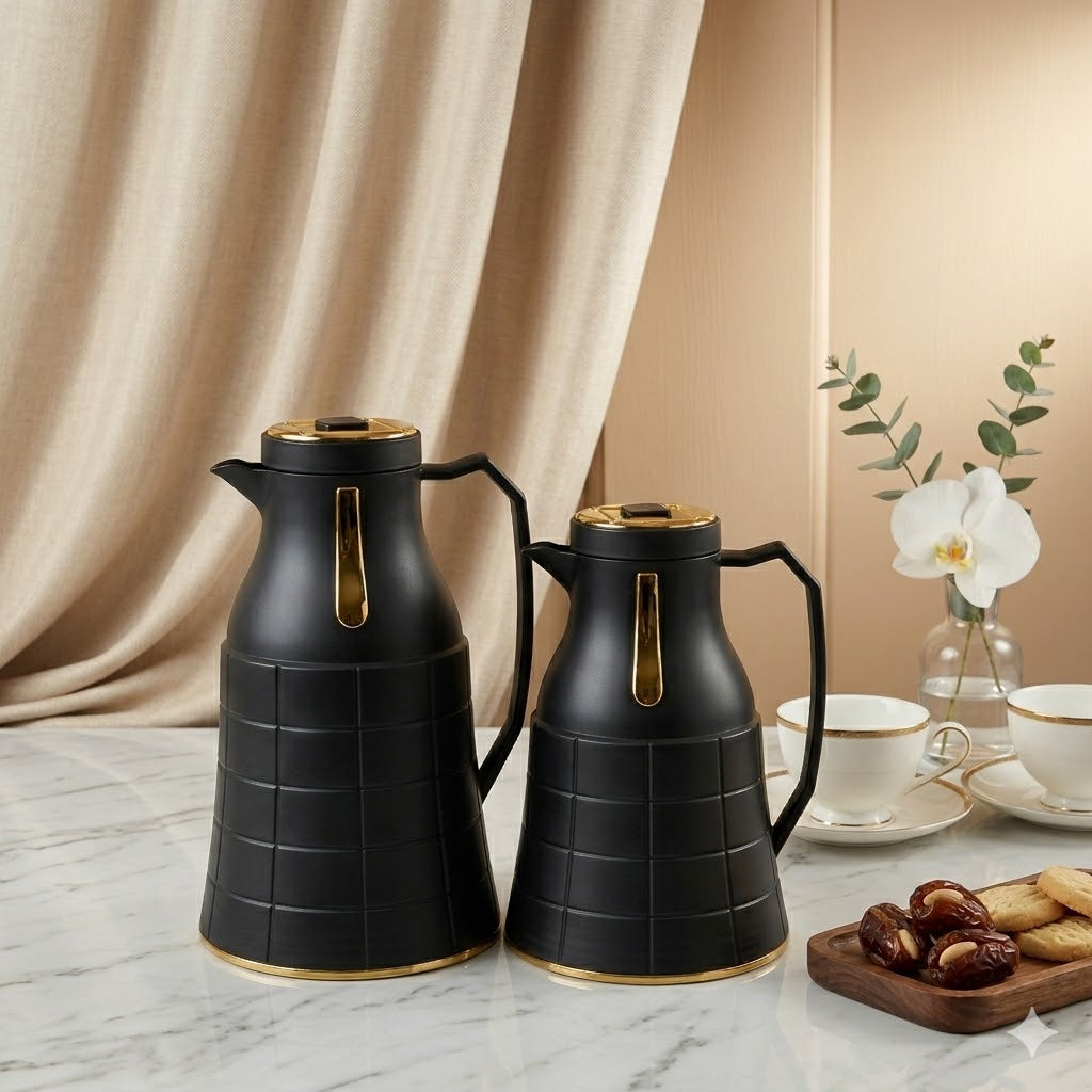 Set de 2 Termos Nara 1L + 0,6L con Diseño Cuadrado y Detalles Dorados - COLOR BLACK