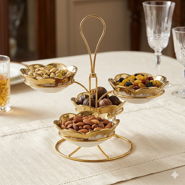 Set de 4 Bowls de Cerámica Dorada con Soporte Metálico - 4 PCS