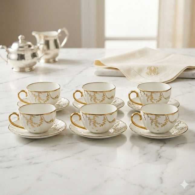 ☕ Set of 6 Decorated Cups and Saucers – Gold Details and Classic Design 🌿 