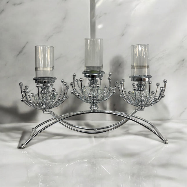 Castiçal em cristal prateado para 3 velas – Centro de mesa moderno e elegante