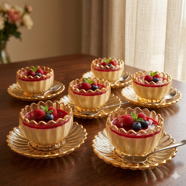 Set de 6 Bowls de Cristal Ámbar Dorado con Diseño Pétalos de Flor y Platillo
