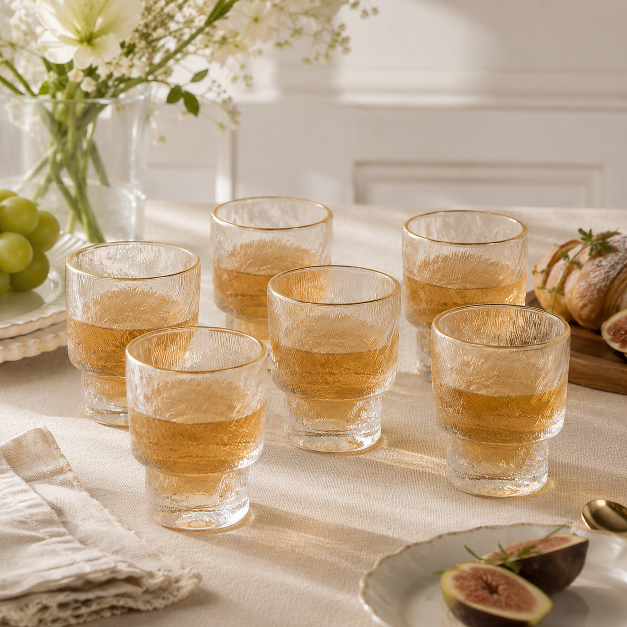 Set de 6 Vasos Nura – Cristal Texturizado con Borde Dorado