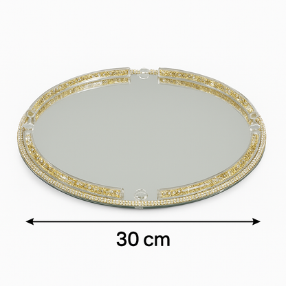 🪞 Bandeja Espejo de Cristal con Borde Dorado y Brillantes