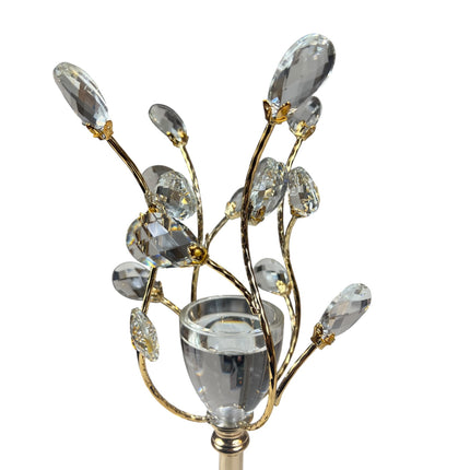 Elegante castiçal em cristal e metal dourado com design floral – 28 cm