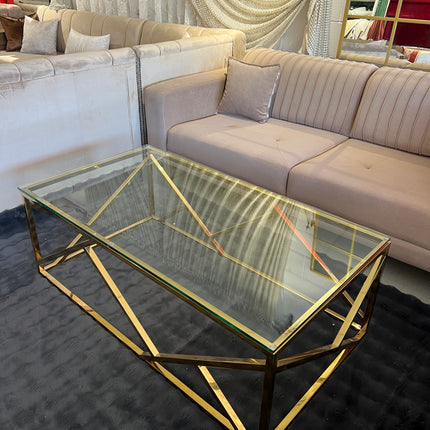 Mesa de centro de cristal y patas acero inoxidable dorado