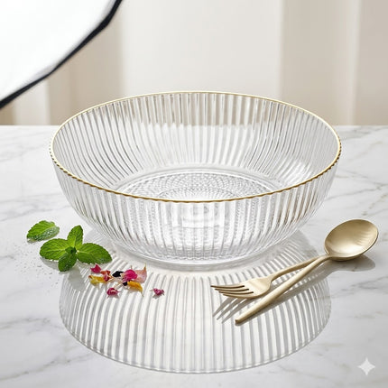 Cuenco de Plástico Transparente Estriado con Borde Dorado – Diseño Elegante