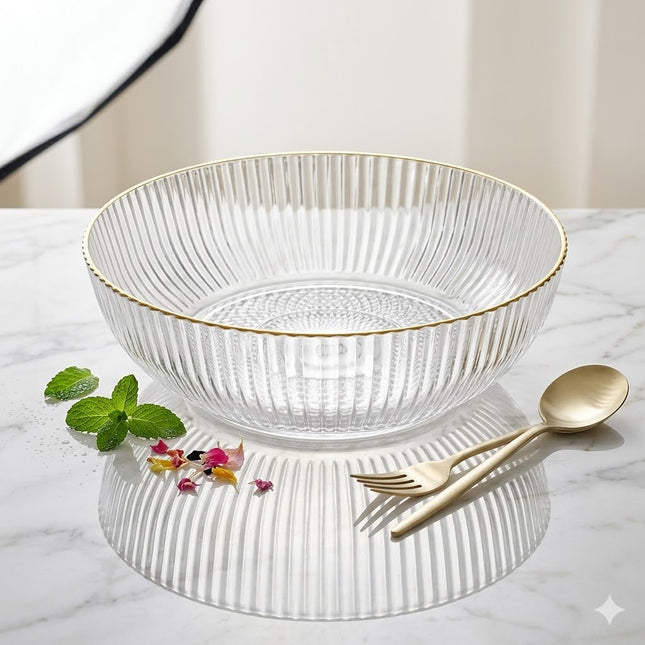 Fluted Clear Plastic Bowl with Gold Rim – Elegant Design