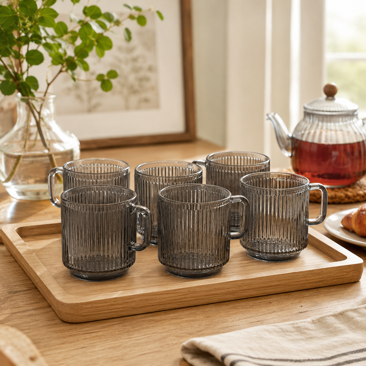 Set de 6 Tazas de Cristal Acanalado Gris Humo con Asa