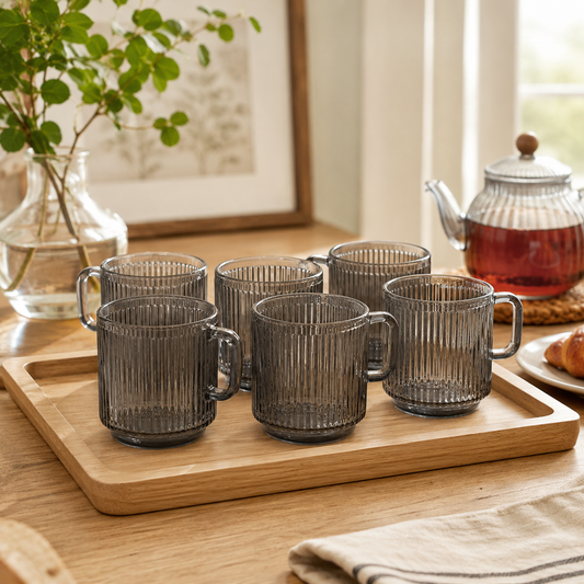 Set de 6 Tazas de Cristal Acanalado Gris Humo con Asa