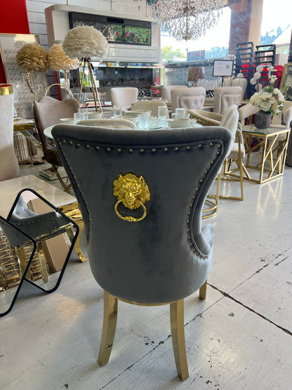 ✨ Silla MODELO leon tapizada gris oscuro con acabado dorado– Elegancia moderna para tu hogar ✨