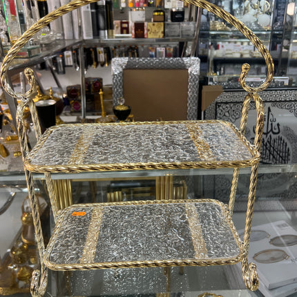 🏷 Tabuleiro decorativo de 2 andares com moldura dourada e vidro texturado – Estilo clássico e elegante
