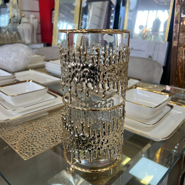 Portavelas de Cristal con Detalle Metálico Dorado – Diseño Artístico y Moderno