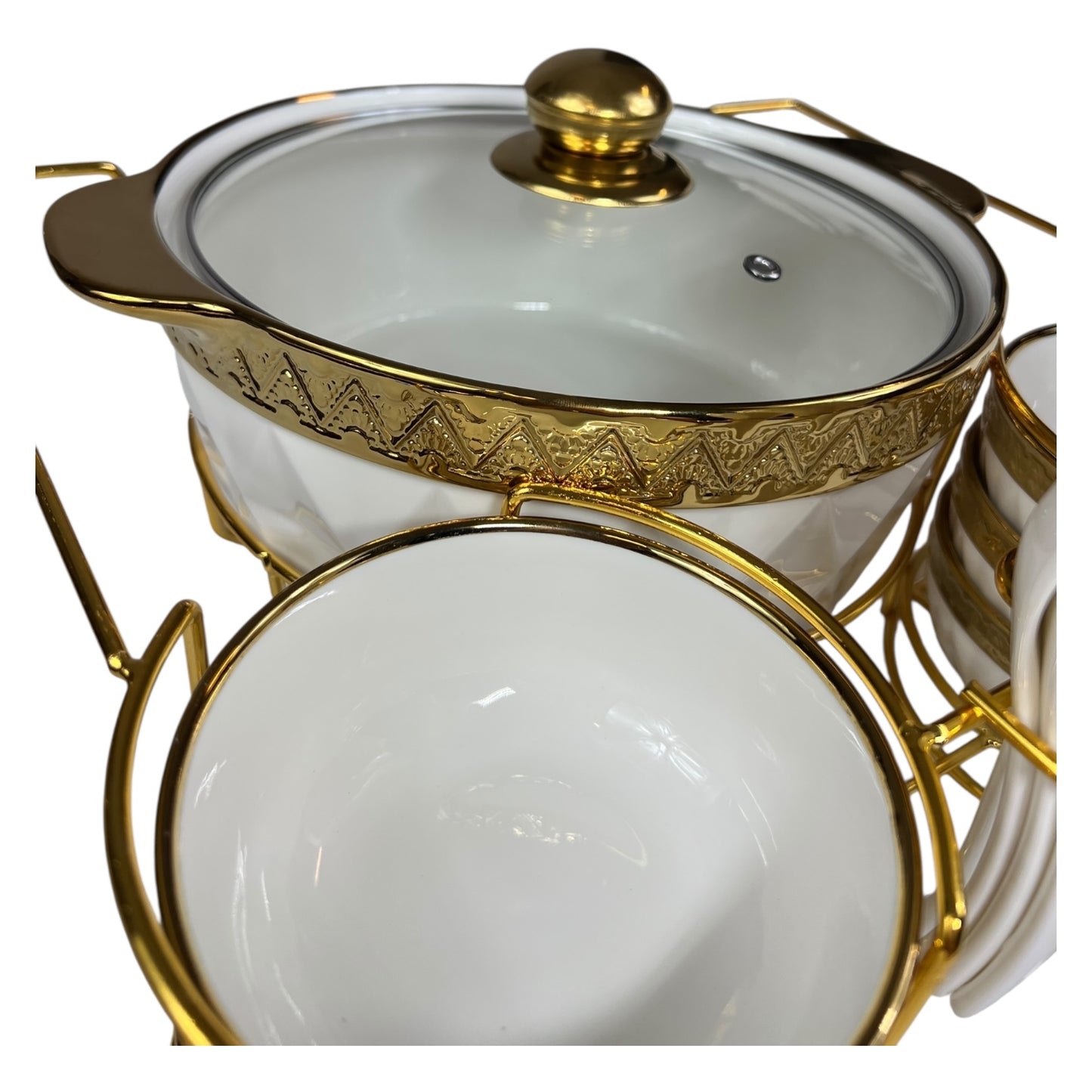 Conjunto de cozinha de 16 peças com suporte de metal – Caçarolas + Tigelas + Colheres – Estilo dourado elegante