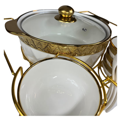Conjunto de cozinha de 16 peças com suporte de metal – Caçarolas + Tigelas + Colheres – Estilo dourado elegante