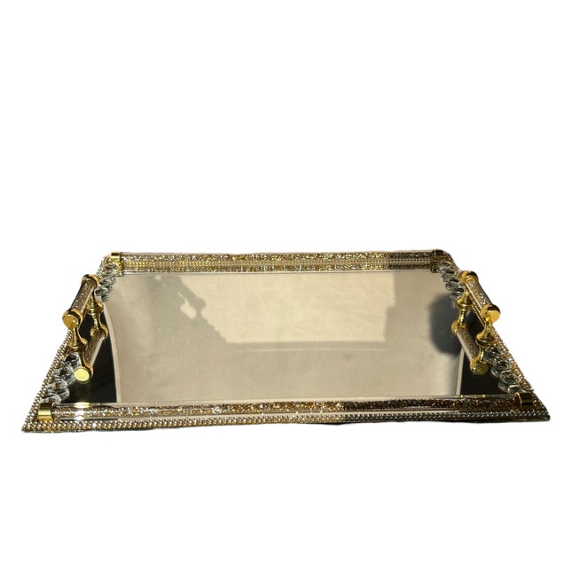 🪞 Bandeja Espejo de Lujo con Detalles Dorados y Cristales – 40x28 cm