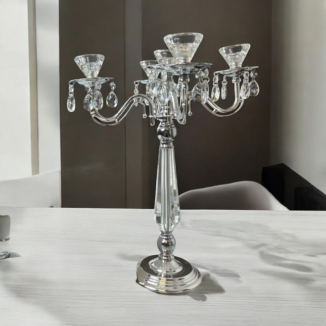Castiçal em cristal prateado para 5 velas – Centro de mesa luxuoso