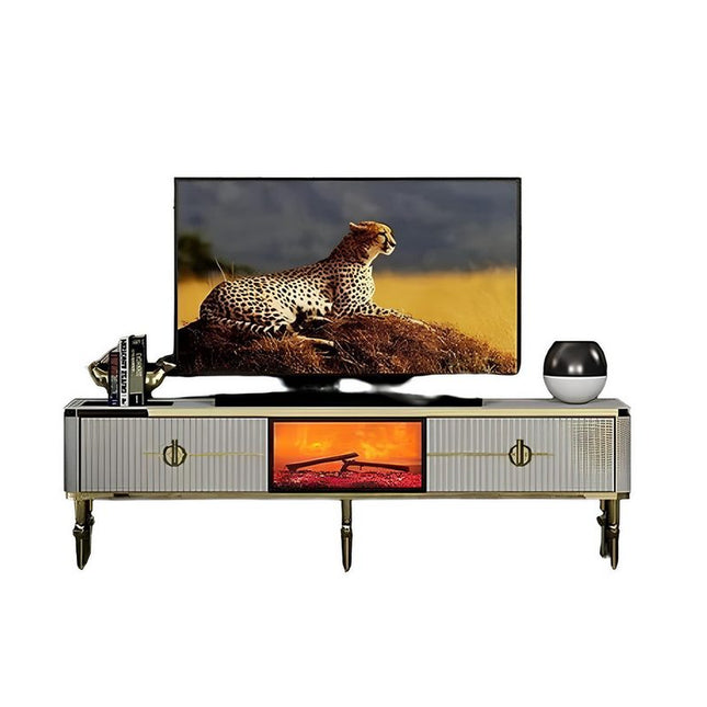 Móvel TV ASEL com lareira digital - branco com detalhes dourados