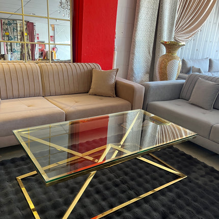 Mesa de centro de cristal y patas acero inoxidable dorado