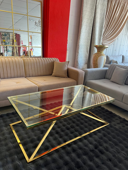 Mesa de centro de cristal y patas acero inoxidable dorado