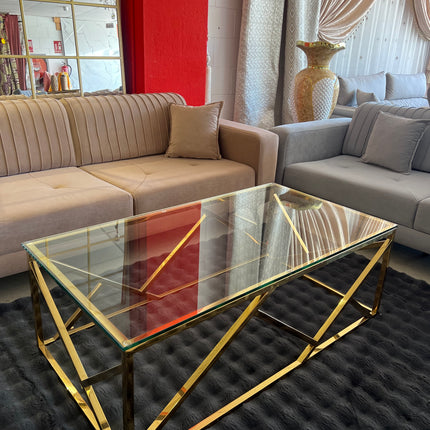 Mesa de centro de cristal y patas acero inoxidable dorado