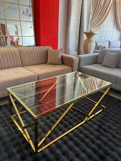 Mesa de centro de cristal y patas acero inoxidable dorado