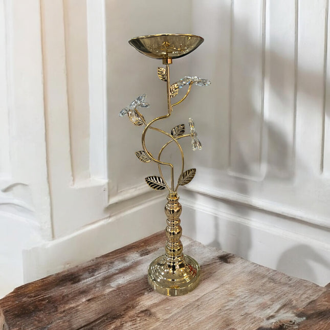 Portavelas de Cristal y Metal Dorado con Diseño Floral Decorativo